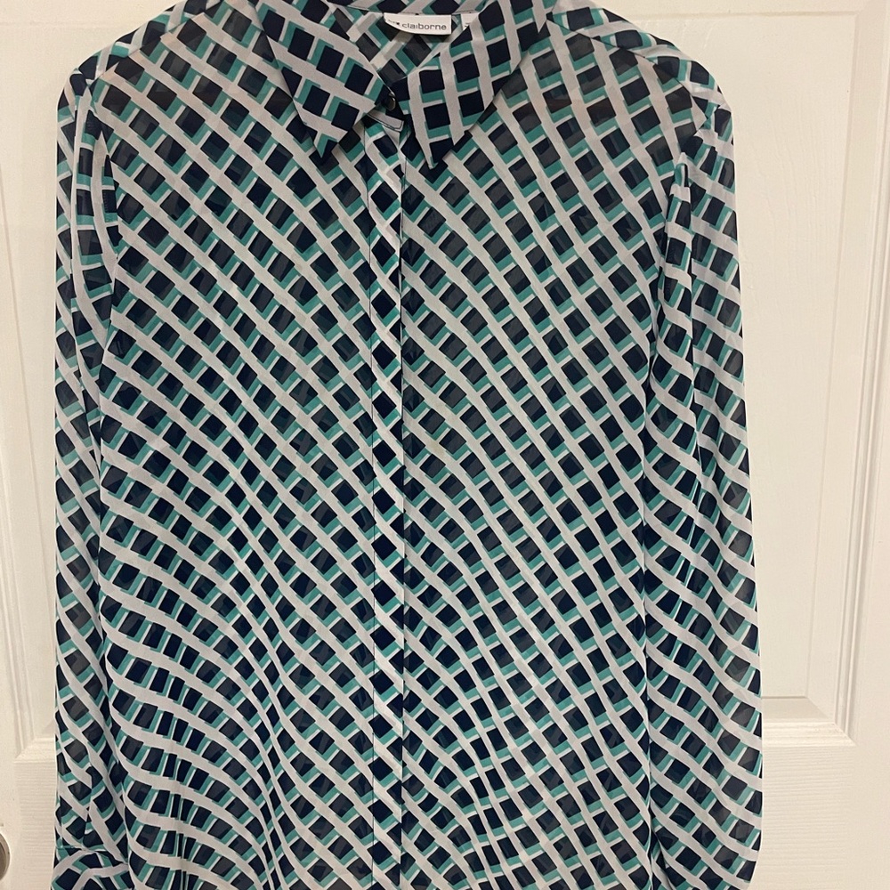 Liz Claiborne Navy & White Geometric Button-Down Shirt-XL